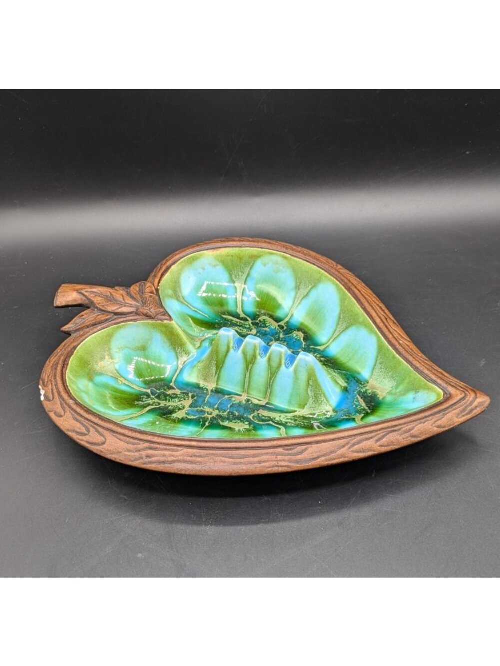 Vintage Treasure Craft Hawaii Ashtray Green Leaf Shaped 1963 Trinket Dish 10.5"